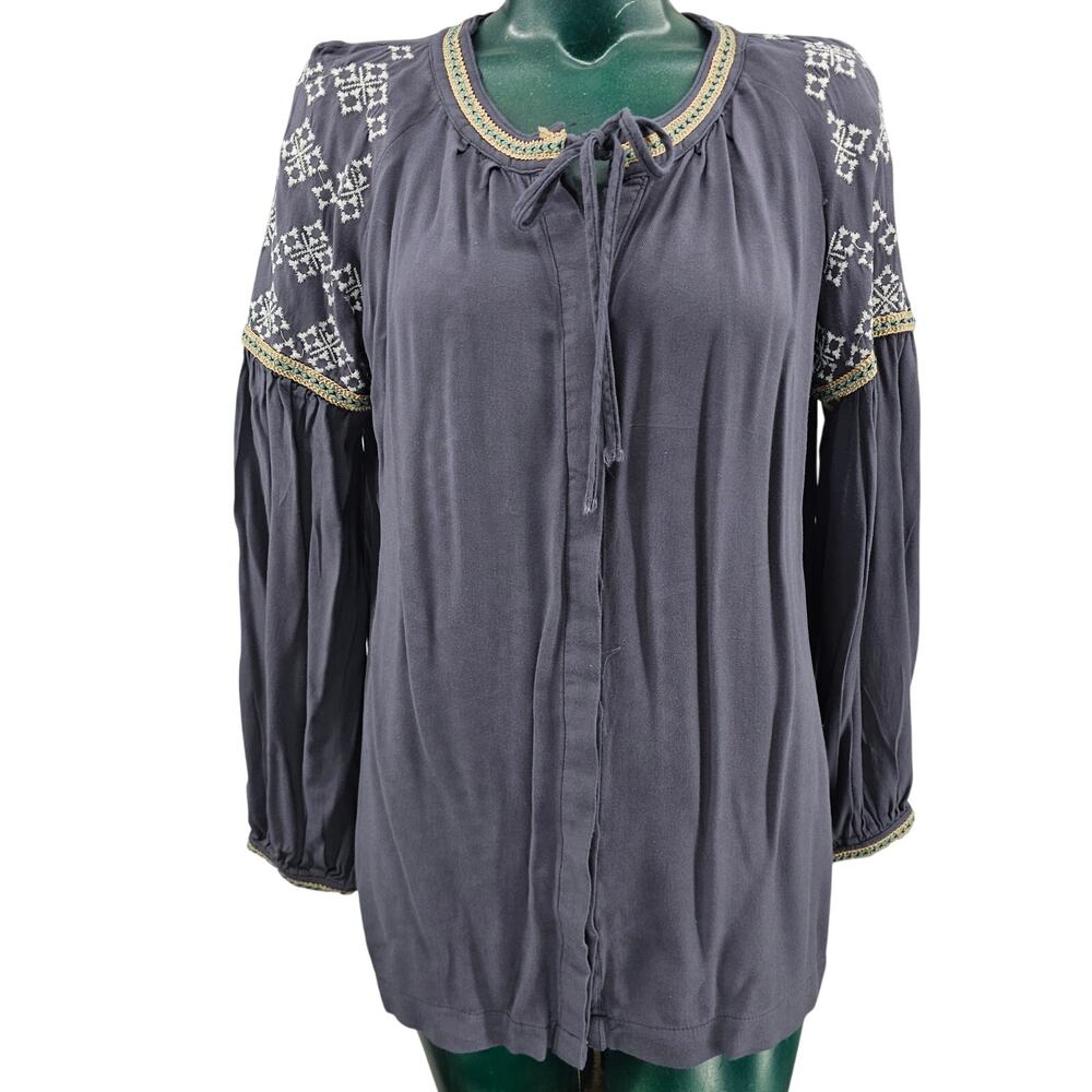 Davi & Dani Boho bohemian peasant blouse Tunic Top relaxed flowy gray M 4122
